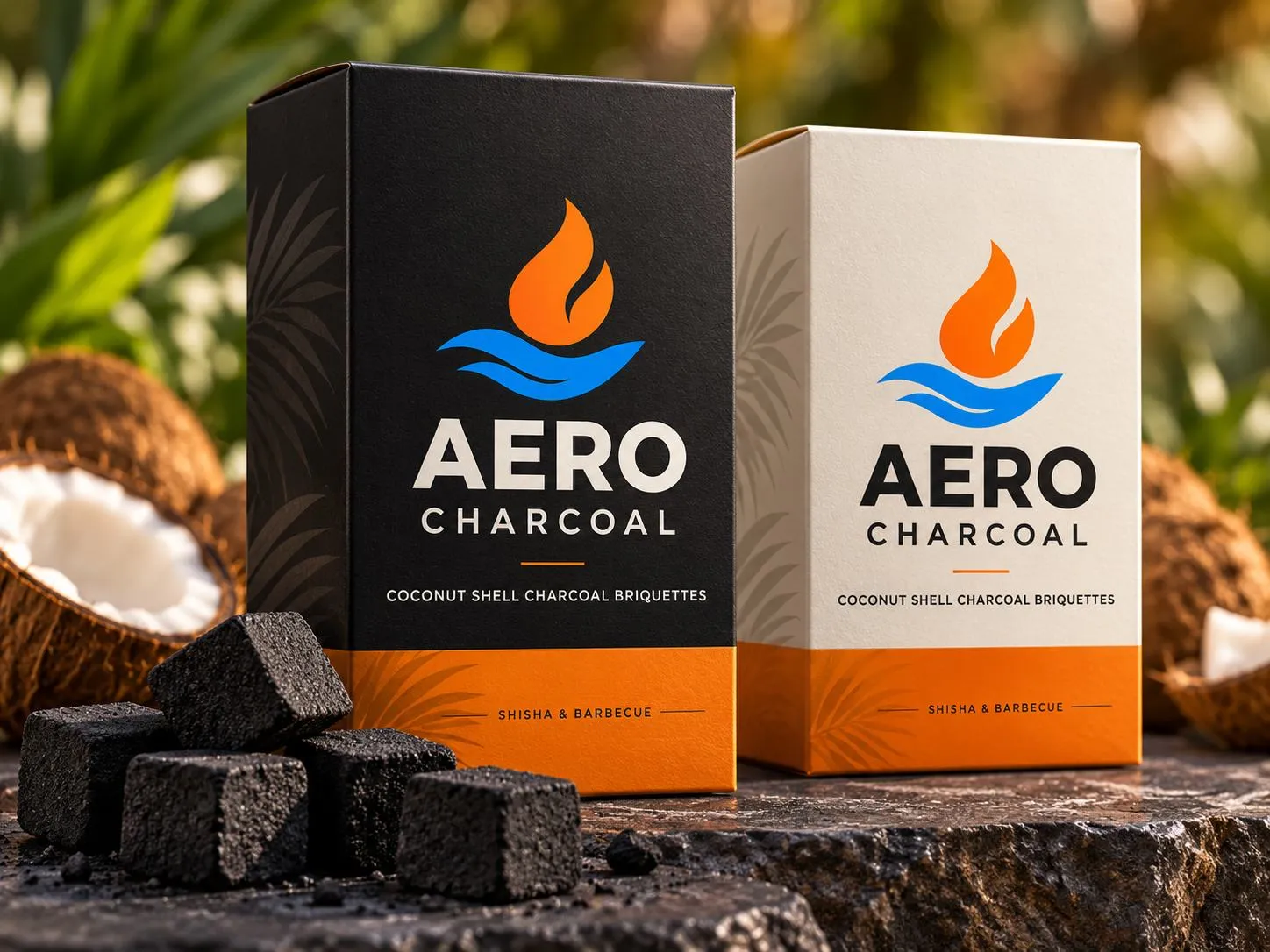 Aero Charcoal 椰壳炭砖零售包装盒，黑色和白色款