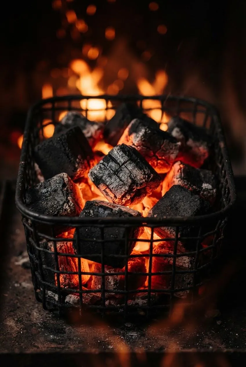 Glühende Kokosnuss-Holzkohlebriketts in einem Grillkorb