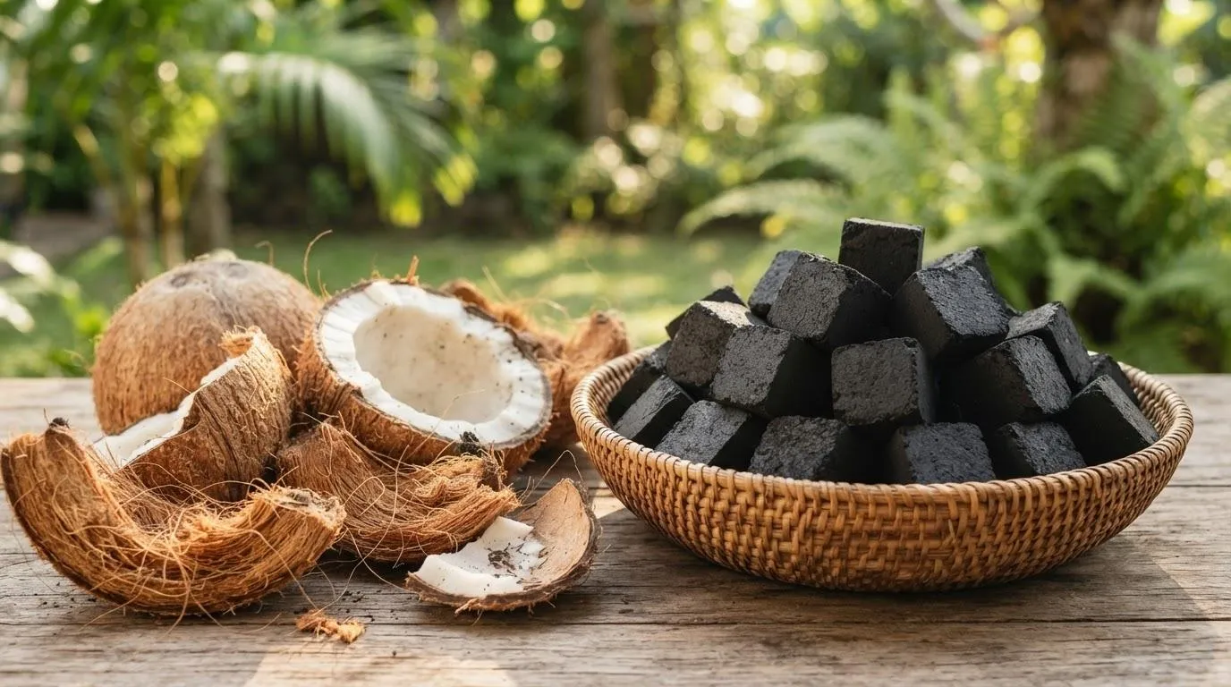 Kokosnusskohle-Briketts in einem Rattankorb